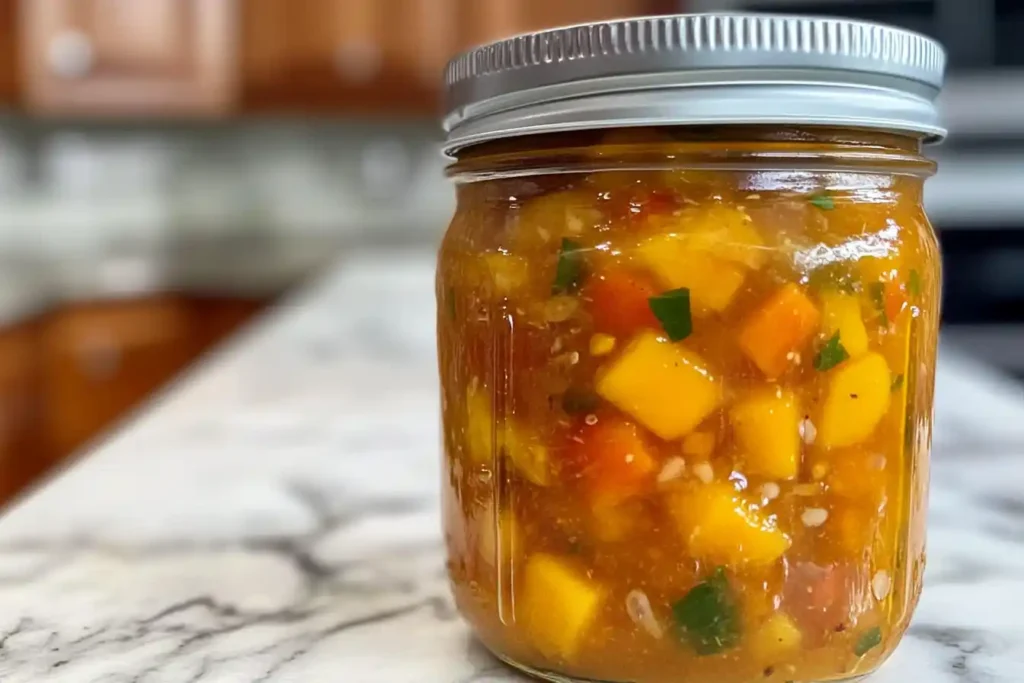 Homemade mango habanero sauce in a glass jar, on white kitchen marble.