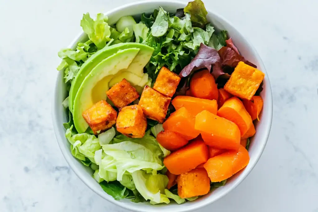 A vibrant golden glow salad in a white bowl on white marble.