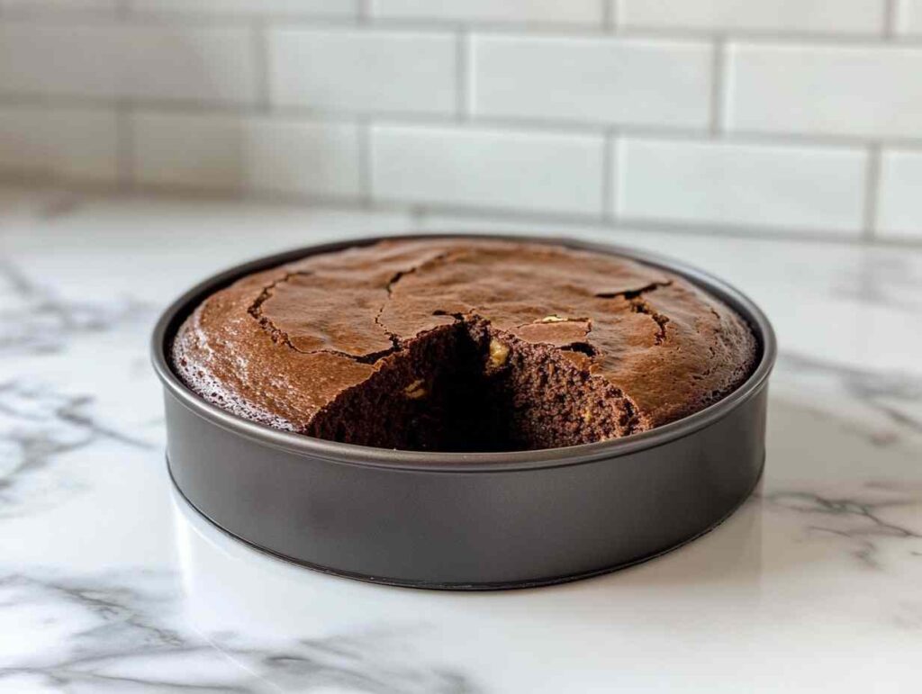 Whole prolific oven chocolate orange almond cake in a pan.