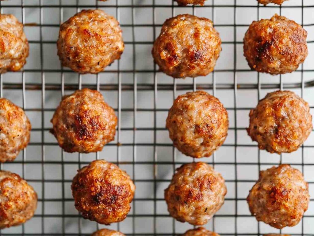 Baked sausage balls cooling on a wire rack.