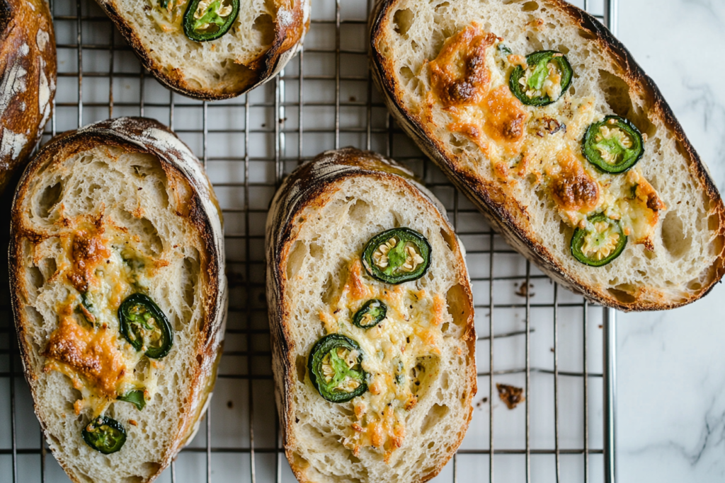 Sliced vegan jalapeno cheese artisan bread on a wire rack.