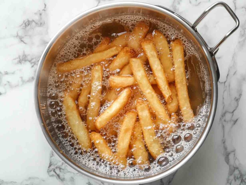 Papas fritas frying in hot oil.