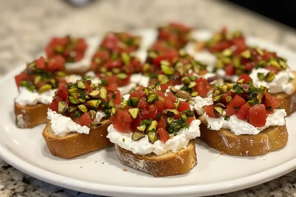 Fresh goat cheese and pistachio bruschetta on white marble.