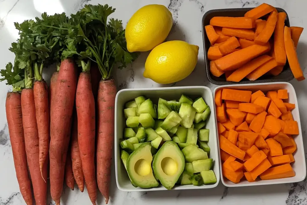 Fresh ingredients for golden glow salad on white marble.