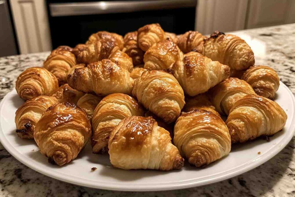 Freshly baked mini croissants on a plate.