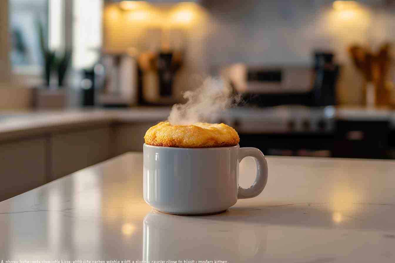 Freshly made phoney butter mug cake on kitchen counter.