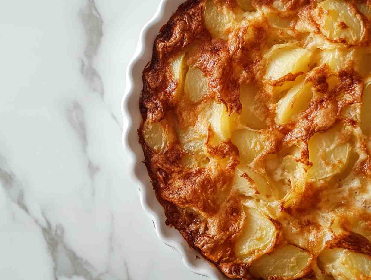 Golden brown potato kugel on kitchen counter.