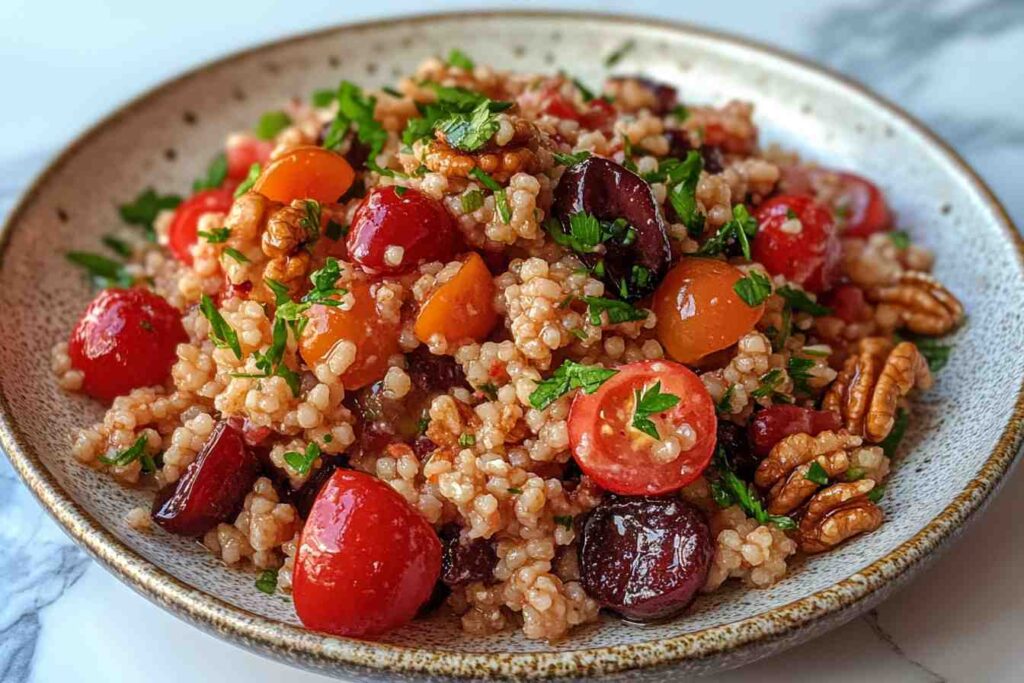 Bulgur, cherries, and walnuts, the ingredients for the bulgur cherry walnut salad, displayed separately.