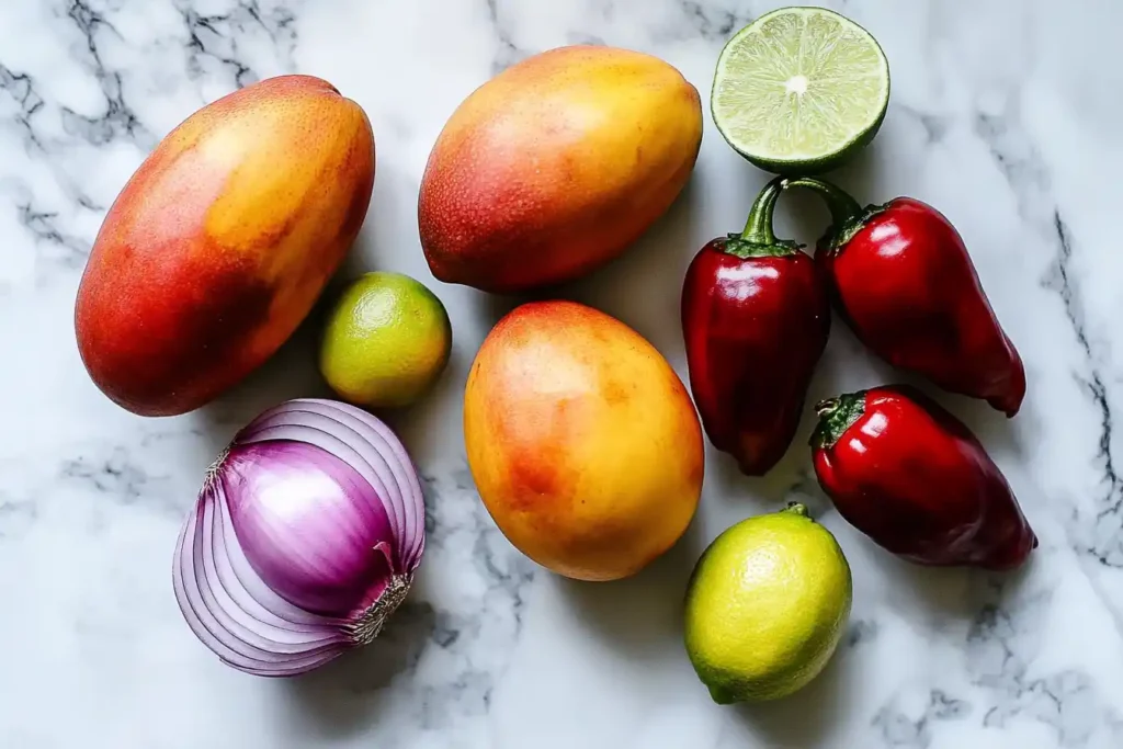 Fresh ingredients for mango habanero sauce on white marble.