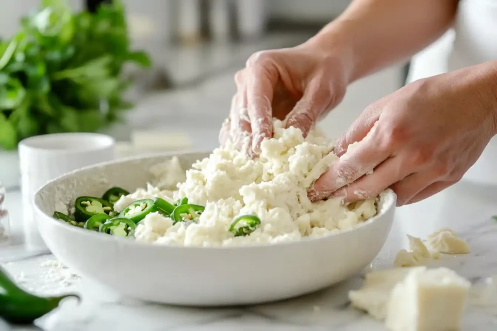 Hands kneading vegan jalapeno cheese artisan bread dough.