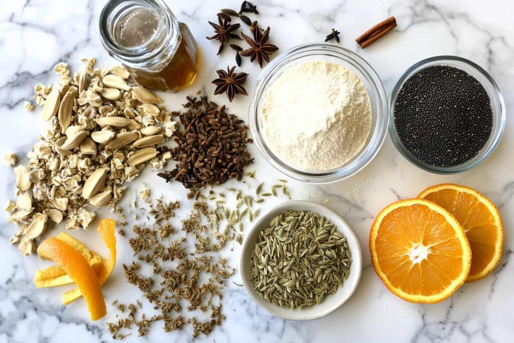  Ingredients for limpa bread on white marble.