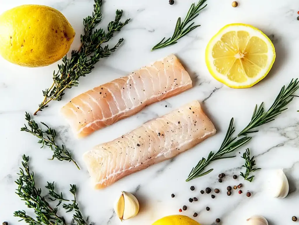  Fresh loup de mer ingredients on white marble.