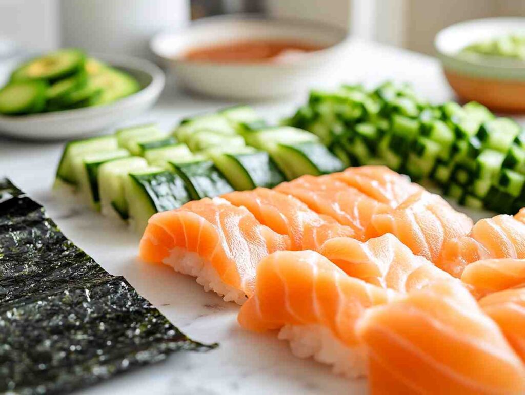 Fresh ingredients for low sodium sushi preparation.