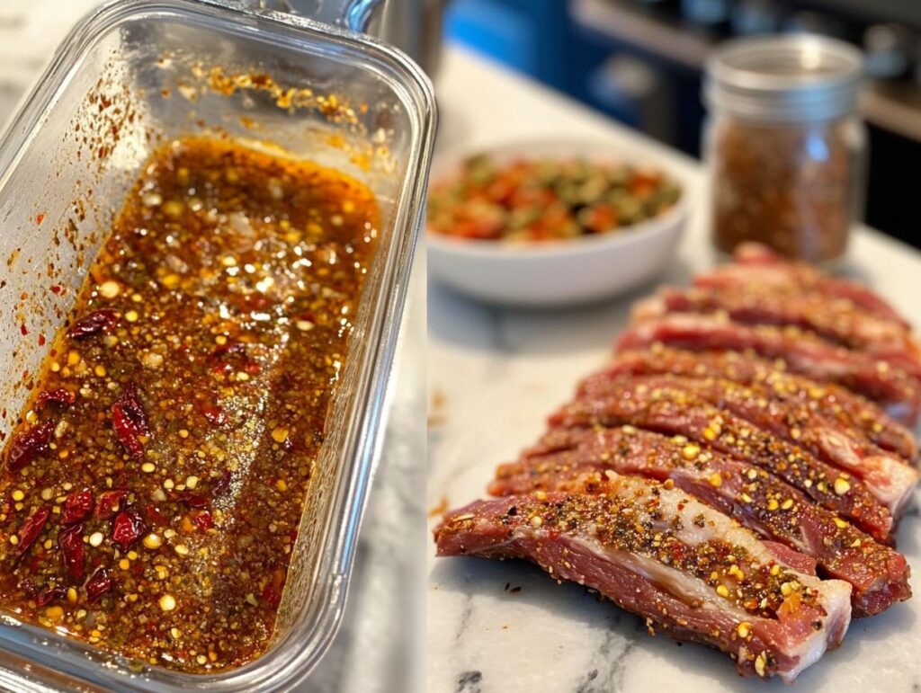 Meat marinating for a birria bomb with chiles and spices.