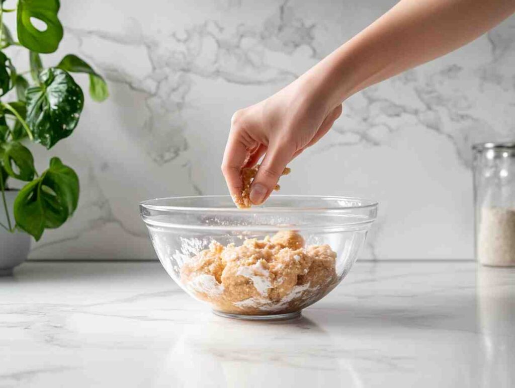  Hand gently mixing sausage ball dough in a bowl.