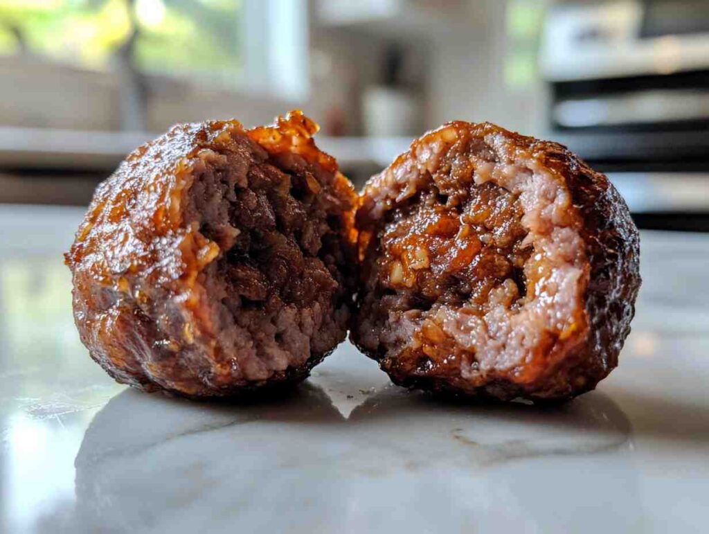 Close-up of a moist sausage ball interior on a marble counter.