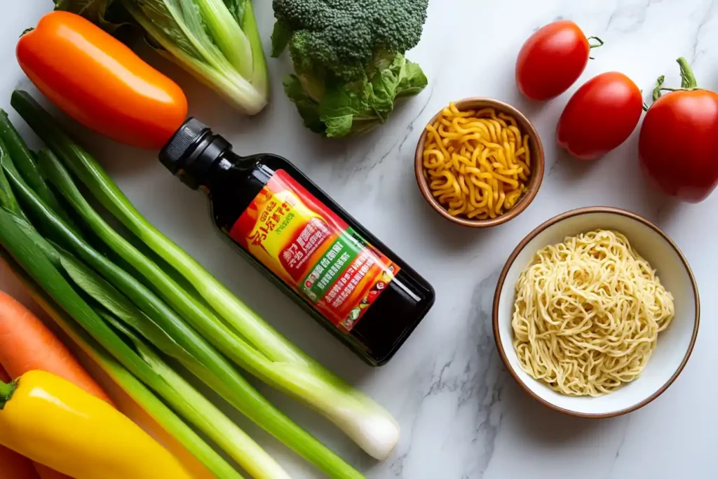 Fresh ingredients for noodle mag recipes on white marble.