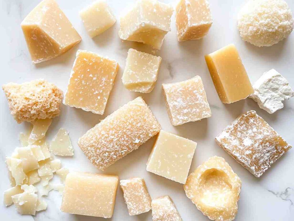 Assorted parmesan rinds on marble surface.