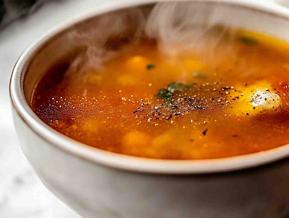 Parmesan rind in a bowl of steaming soup