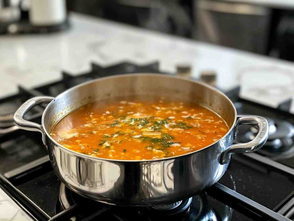 Parmesan rind simmering in a pot of soup.