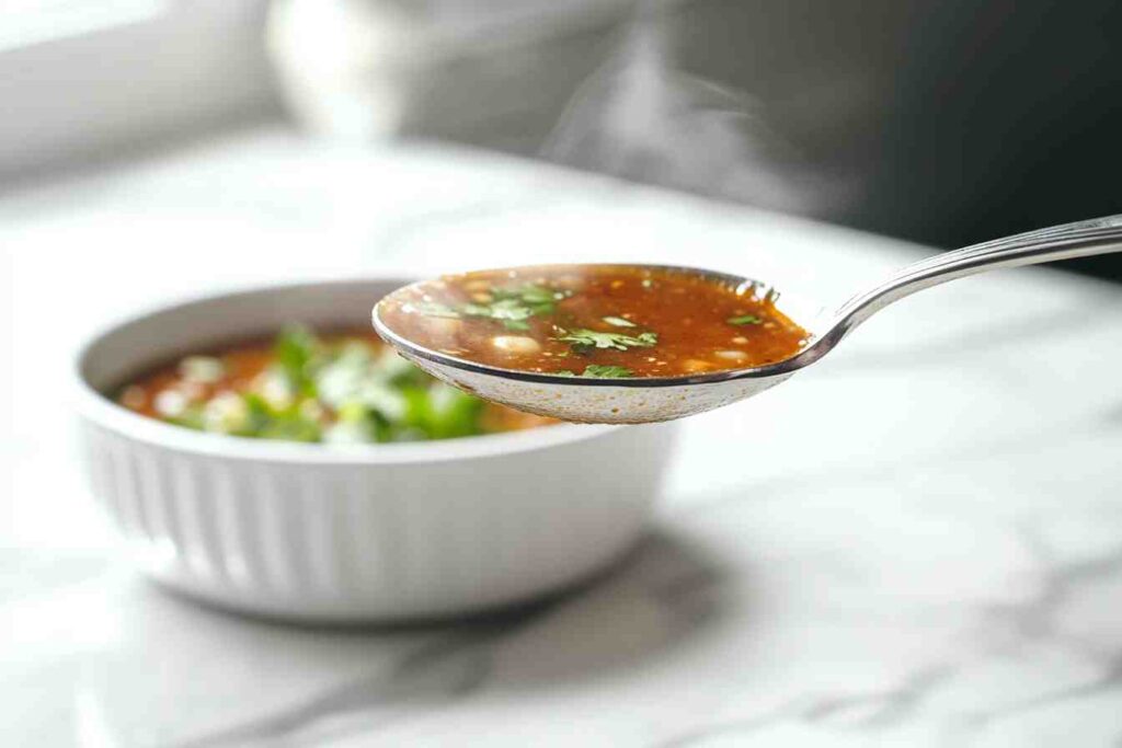 A pot of simmering taco soup on the stove, ready to serve.