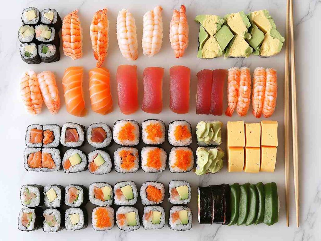 Sushi Preparation with Chopsticks on White Marble.