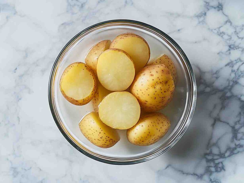 Potatoes soaking for papas fritas.