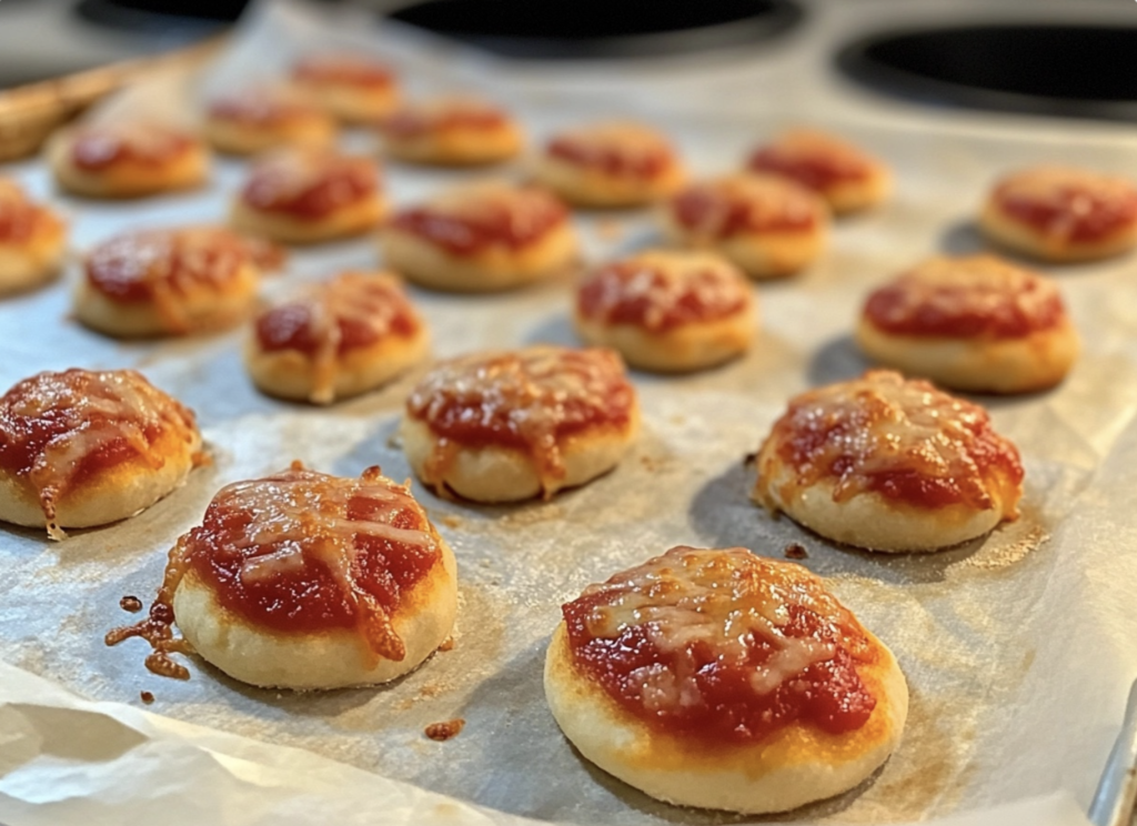 Uncooked pizza bites arranged on baking sheet, white marble background.