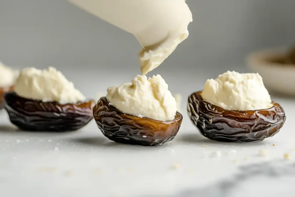 Stuffing date palms with cream cheese on white marble.