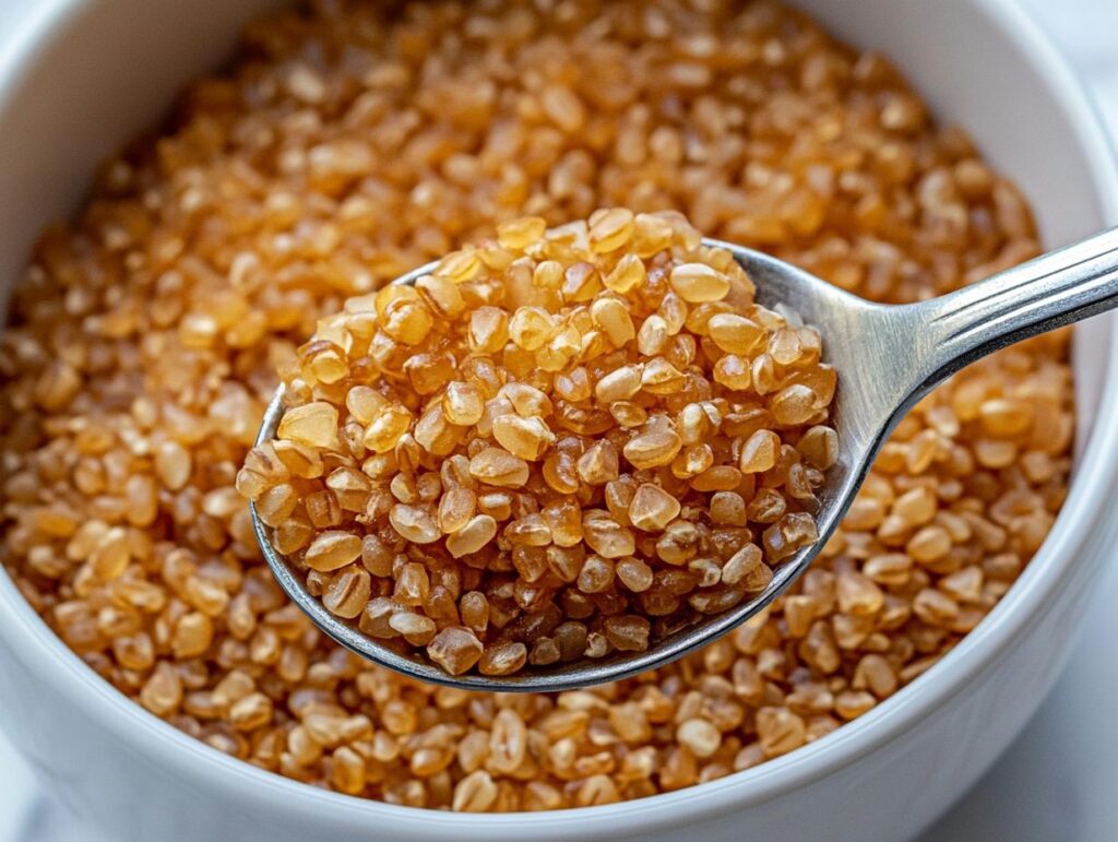 Cooked bulgur wheat in a white bowl.