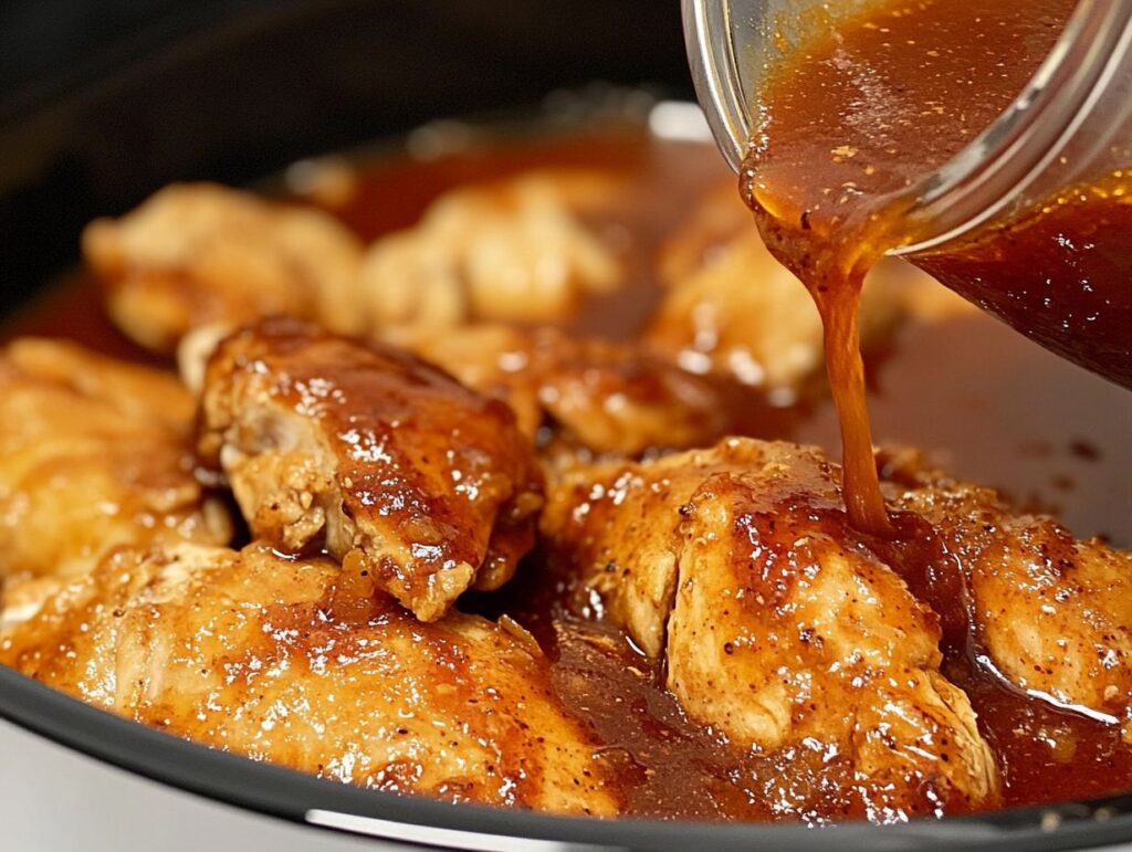 Sweet Hawaiian Sauce Pouring Over Chicken.