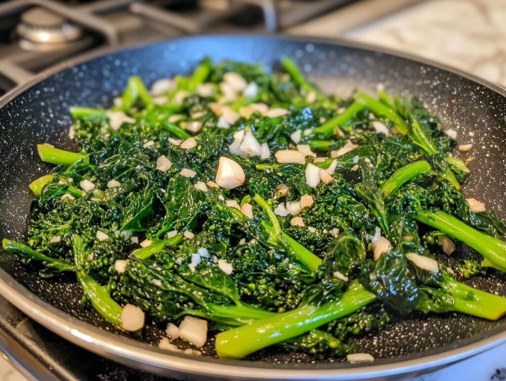 Broccoli rabe sautéing in a pan.