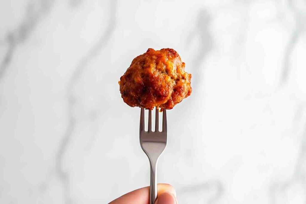 A hand holding a fork with delicious rotel cream cheese sausage balls.