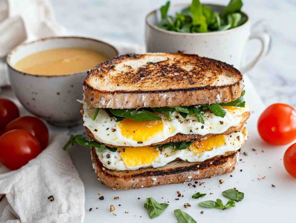 Assembled eggs and ricotta sandwich ready to eat.