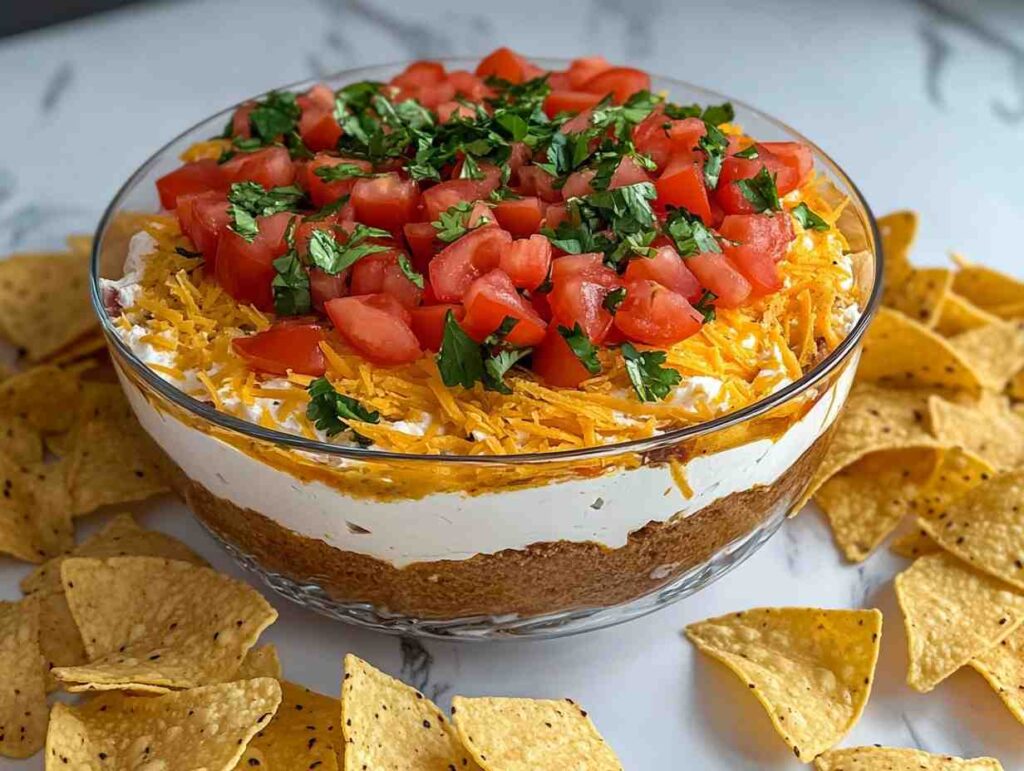 Finished seven layer dip in a trifle dish with tortilla chips.