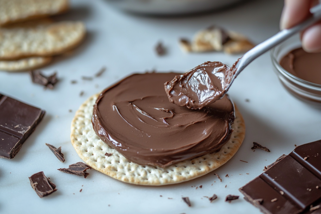 Spreading homemade chocolate cheese on a cracker.