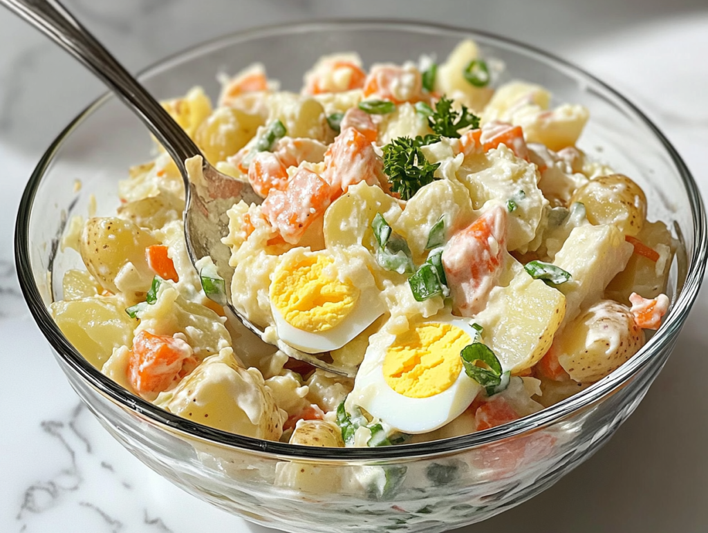 Scooping a spoonful of classic potato salad.