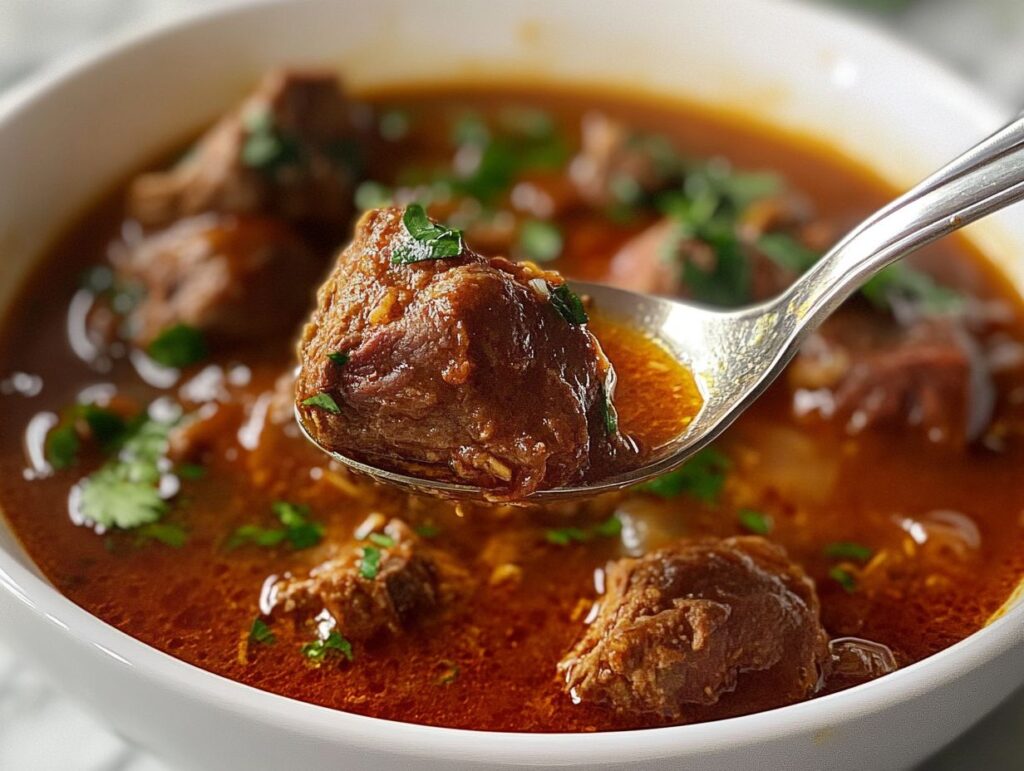 Spoonful of birria bomb meat with rich broth.