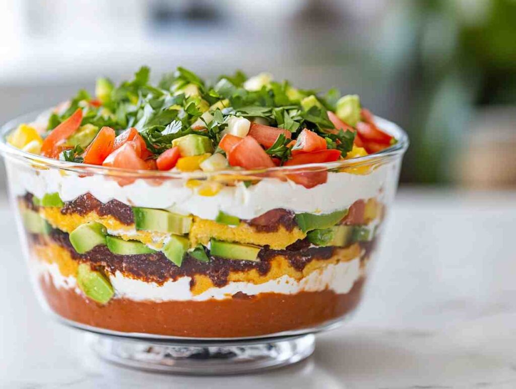 Stunning seven layer dip in a trifle dish on white marble.