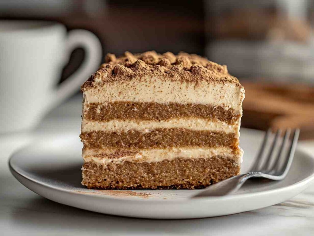 A delicious slice of chai tiramisu showing all its layers.