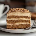 A delicious slice of chai tiramisu showing all its layers.