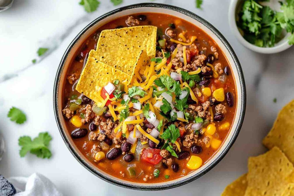 A spoonful of delicious taco soup being lifted from a bowl.