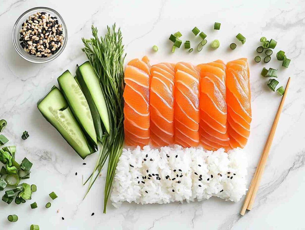 Fresh Sushi Ingredients on White Marble.