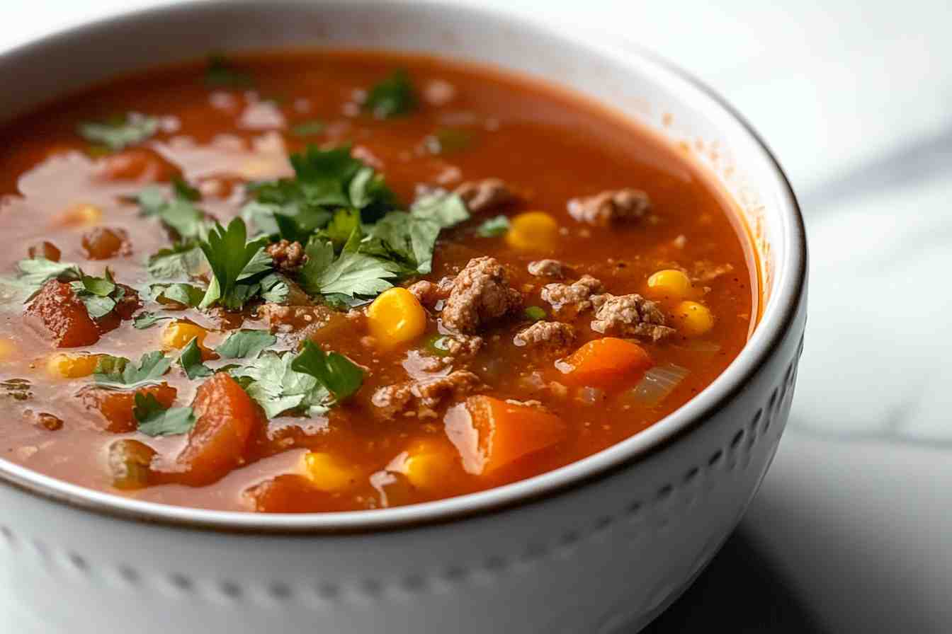 Close-up of taco soup with cheese and cilantro on a white marble counter.