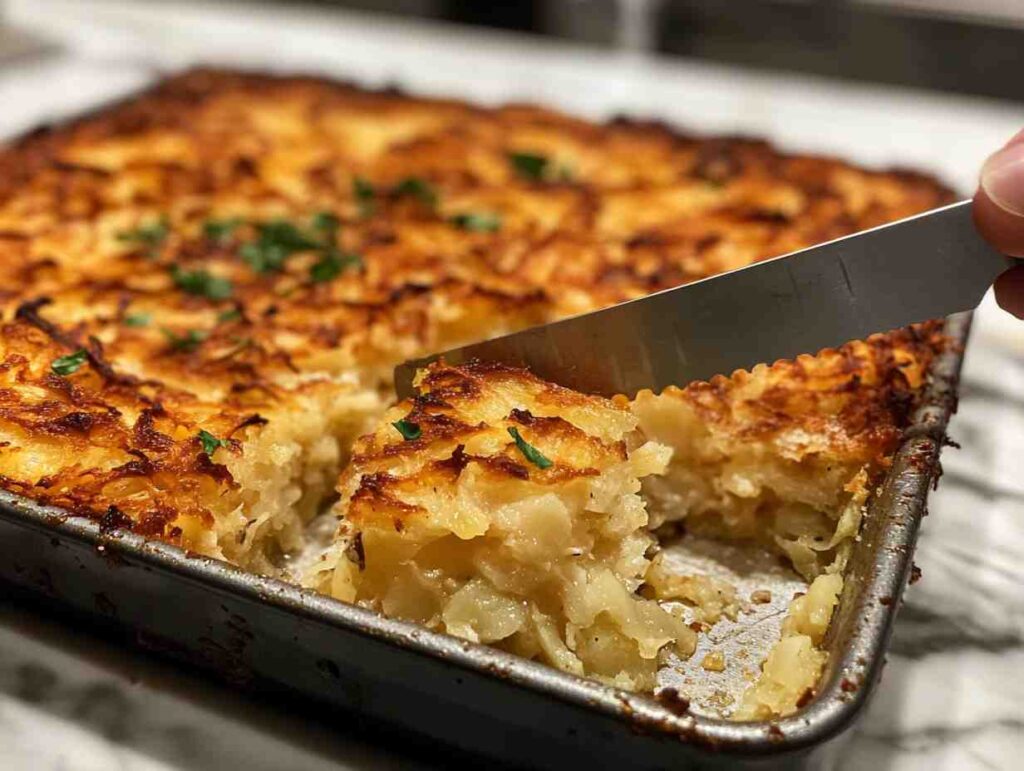 Slicing potato kugel on marble counter