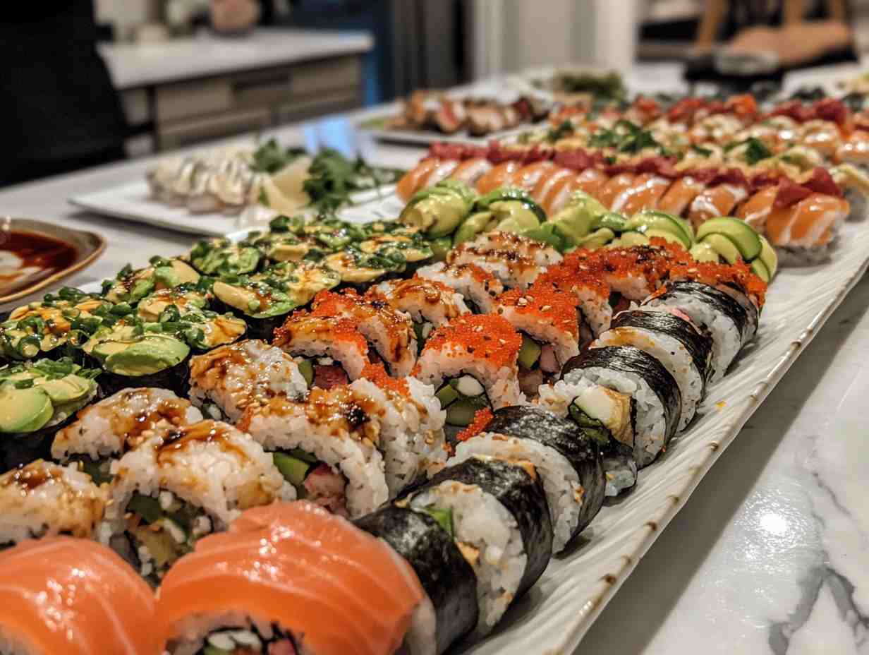 Close-up of Healthy Sushi Rolls on White Marble Countertop.