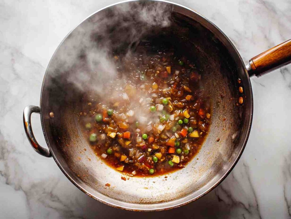 Simmering veg manchurian sauce.