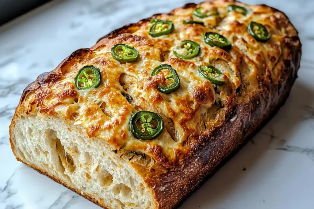 Freshly baked vegan jalapeno cheese artisan bread with melted vegan cheese and jalapenos.