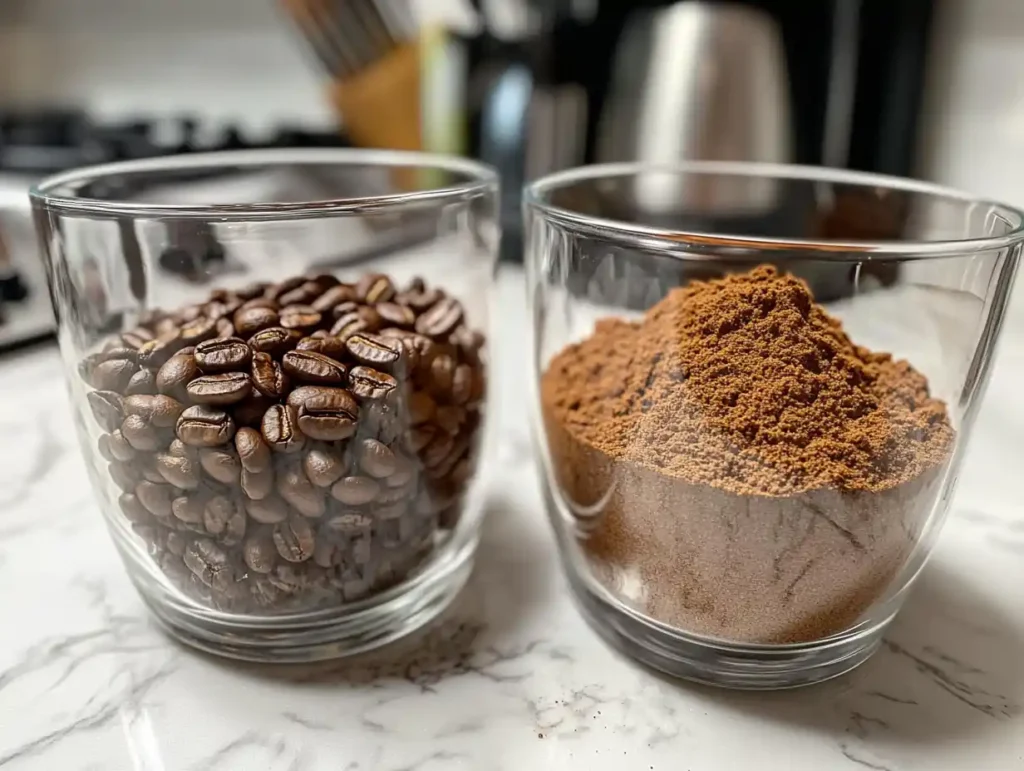 Whole bean coffee vs ground coffee in containers.