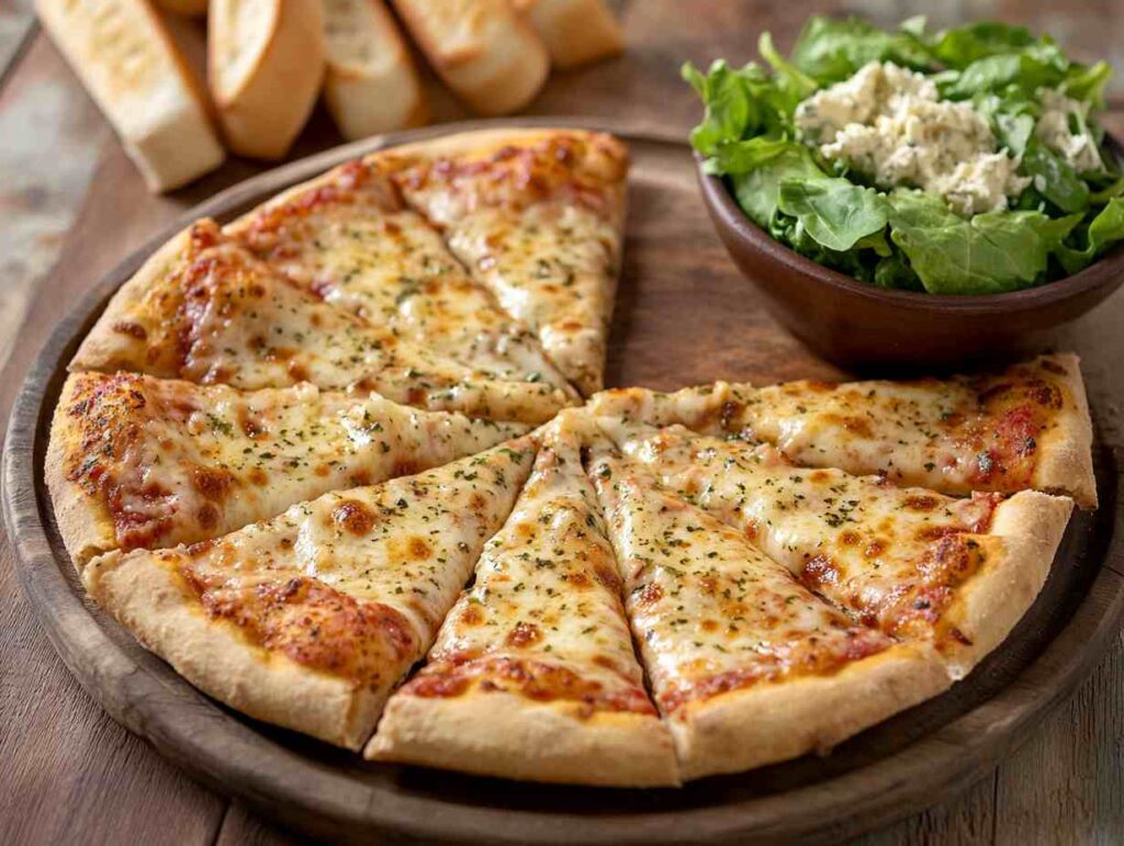 Medium-sized pizza served with Caesar salad and garlic breadsticks on a wooden dining table.